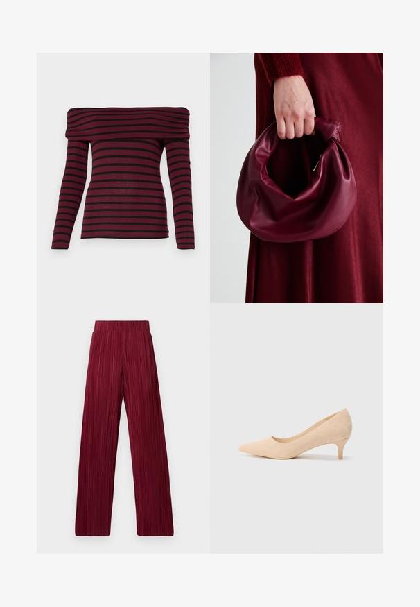 Top bordeaux a spalle scoperte con maniche lunghe e strisce orizzontali nere, dotato di un collo arricciato e una silhouette aderente. Tessuto morbido.; Pantaloni ampi a pieghe color bordeaux con elastico in vita. Tessuto testurizzato con strisce verticali. Taglio dritto fino all'orlo.; Décolleté beige in suede con punta affusolata e tacco sottile di 5 cm. Texture liscia con dettagli minimi sulla superficie superiore.; Borsa in pelle bordeaux con un design morbido e arricciato e una forma arrotondata. Il manico è fissato, mostrando una texture liscia.