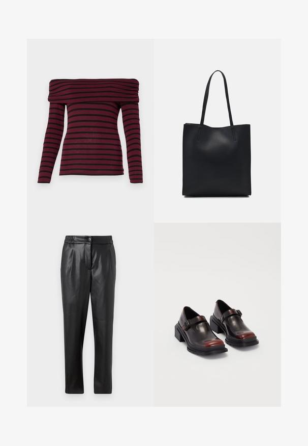 Top bordeaux a spalle scoperte con maniche lunghe e strisce orizzontali nere, dotato di un collo arricciato e una silhouette aderente. Tessuto morbido.; Pantaloni di pelle nera con una texture liscia, vestibilità dritta, cintura elastica e chiusura con bottone frontale; dettagli plissettati e gambe affusolate.; Scarpe in pelle con tacco a blocco, dal lucido finish bordeaux scuro, dotate di cinturino con fibbia e punta arrotondata. Suola testurizzata per una migliore aderenza.; Borsa tote in pelle nera con texture liscia, forma rettangolare e due manici lunghi. Nessun hardware o decorazione visibile.
