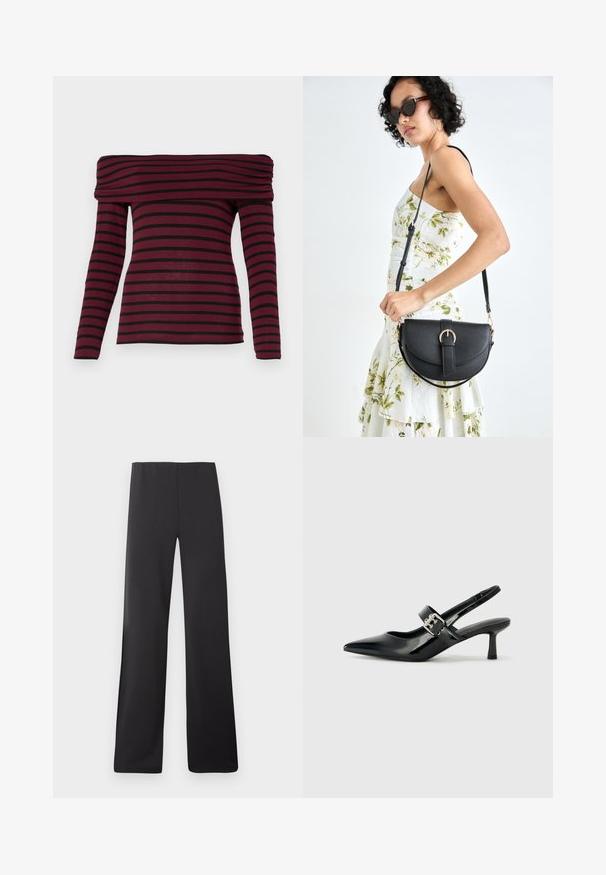 Burgundská off-shoulder halenka s dlouhým rukávem a černými horizontálními pruhy, s nařaseným výstřihem a přiléhavým střihem. Měkká textilie.; Černé široké kalhoty vyrobené z hladkého materiálu, s vysokým pasem a celoplošným designem bez viditelných vzorů nebo kovových prvků.; Černé lakované boty na podpatku typu slingback s špičatou špičkou a malým blokovým podpatkem, které mají na pásku stříbrný přezkový akcent.; Černá kožená kabelka s křivkovým tvarem, odnímatelným popruhem a zlatými detaily. Kabelka má klopu s přezkou.