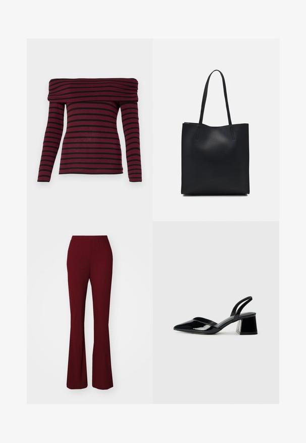 Burgundijas off-shoulder garām piedurknēm virs tops ar melnām horizontālām svītrām, ar saplacinātu kakla izgriezumu un pieguļošu siluetu. Mīksta auduma tekstūra.; Burgundijas ribotās platas bikses ar elastīgu jostu. Tām ir gluda tekstūra un pieguļoša silueta forma, kas paplašinās līdz platas apakšmalai.; Melna lakota āda ar atvērto papēdi, ar smailu purngalu un ģeometrisku blokpapēdi. Iezīmējas elegants, minimāls dizains un gluda tekstūra.; Melnas ādas somiņa ar gludu tekstūru, taisnstūra formu un divām garām rokturiem. Nav redzamu aparatūras vai rotājumu.
