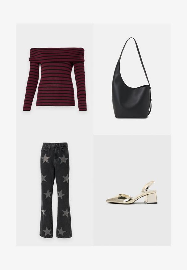 Burgundia värvi õlavarrelt avatud pika varrukaga pluus mustade horisontaalsete triipudega, millel on rikka kaelus ja liibuv siluett. Pehme kangastekstuuri.; Mustad denim flared teksad, millel on erineva suurusega hõbedased tähesädelused. Kõrge vöökohaga disain koos taskute ja nupulukuga.; Kuldne, metallilised slingback-kudumid terava varba ja paksu kontsaga. Sile tekstuur, minimalistlik disain ja kitsas rihm.; Mustast nahast hobo kott, millel on sile tekstuur, kumer kuju ja üks reguleeritav rihm; peal on lai avaus.