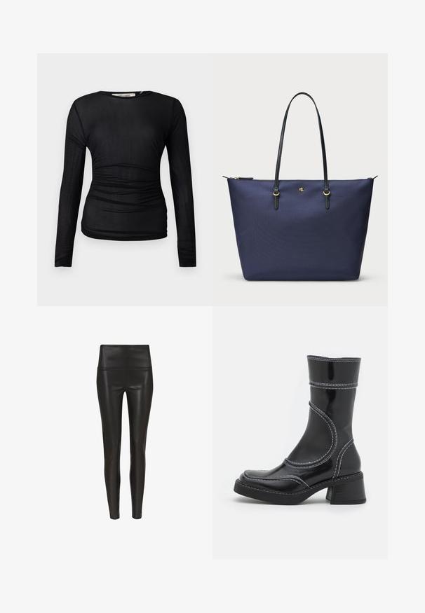 Zwart lang mouwtop gemaakt van een doorschijnende, rekbare stof. Kenmerken ruches langs de zijkanten en een ronde halslijn.; Zwarte hoge taille faux leren leggings met een gladde, glanzende afwerking en een aansluitende pasvorm, die naar de enkels toe taperen. Geen zichtbare naden.; Zwarte lakleren enkellaars met witte stiksels, ronde neus en blokhak. Kenmerkt zich door gebogen ontwerplijnen en een gladde textuur.; Navyblauwe totebag gemaakt van textiel, met zwarte leren handvatten en gouden hardware details. Ritsluiting aan de bovenkant.
