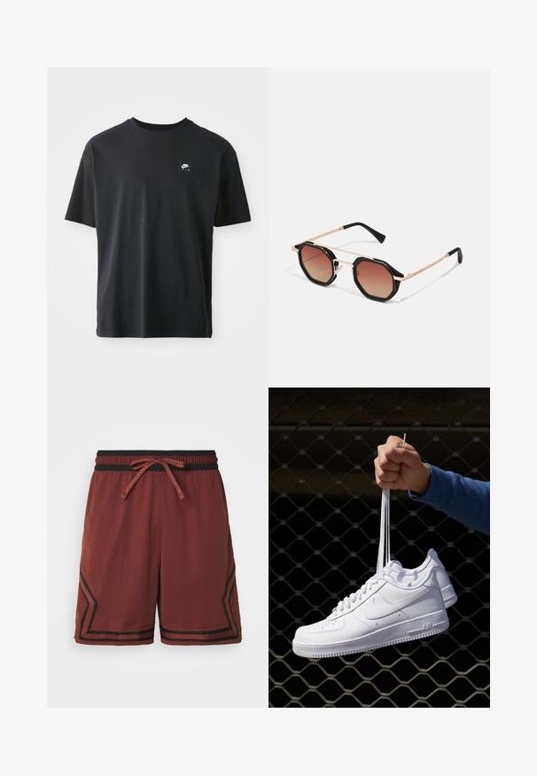 Svart bomullströja med korta ärmar, rundad halsringning, med en liten rektangulär logotyp med "NIKE AIR" i vitt på vänster bröst.; Röda atletiska shorts i andningsbart material, med en svart elastisk midjeband och dragsko samt kontrasterande randdetaljer längs sidorna.; Vita lädersneakers med perforeringar, rund tå, platt sula och tjocka snörning, med en synlig swoosh-logga och "AIR" på hälen.; Hawkers PIERRE GASLY - Solglasögon - gold