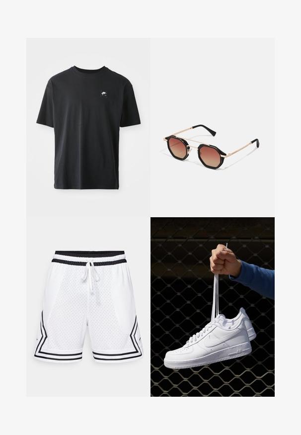 Musta puuvillapaita lyhyillä hihoilla, ympyräkaula-aukolla, jossa on pieni suorakulmainen logo, jossa lukee "NIKE AIR" valkoisella vasemmassa rinnassa.; Valkoiset urheilushortsit, jotka on valmistettu rei'itetystä kankaasta. Ominaisuuksiin kuuluu musta joustava vyötärö, jossa on naru, sekä mustat sivusuunnassa olevat viiruviivat.; Valkoiset nahkasneakersit, joissa on rei'ityksiä, pyöreä kärki, tasapohja ja paksut nauhat, joissa on näkyvä swoosh-logo ja "AIR" kantapäässä.; Hawkers PIERRE GASLY - Aurinkolasit - gold