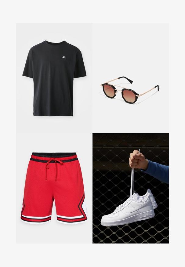 Czarna bawełniana koszulka z krótkim rękawem, okrągłym dekoltem, z małym prostokątnym logo z napisem "NIKE AIR" na lewej piersi.; Czerwone siatkowe szorty koszykarskie z czarnym elastycznym paskiem w talii, zawiązywanym sznurkiem, białymi akcentami oraz czarno-czerwonymi paskami wzdłuż krawędzi.; Białe skórzane sneakersy z perforacjami, okrągłym noskiem, płaską podeszwą i grubymi sznurówkami, z widocznym logo swoosh i napisem „AIR” na pięcie.; Hawkers UNISEX złoty