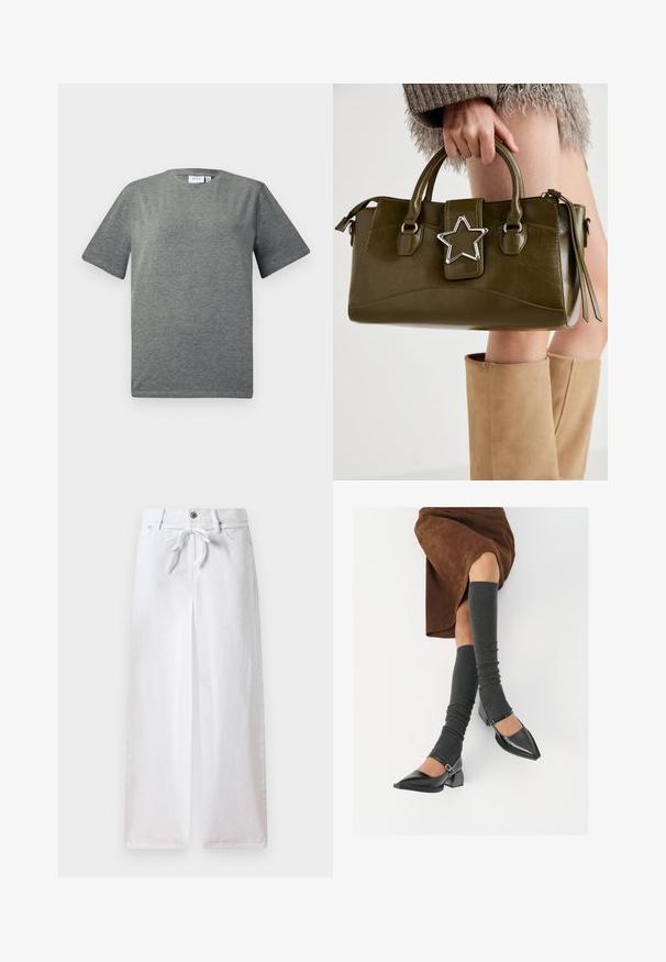 Gray, short-sleeve t-shirt made from soft cotton blend. Round neckline, relaxed fit with a smooth texture and minimal design.; White wide-leg pants made of cotton. Features a drawstring tie at the waist and a button closure. Smooth texture with a minimalist design.; Black patent leather pointed-toe shoes with a block heel and ankle strap, paired with gray ribbed leg warmers and a brown suede skirt.; Olive green faux leather handbag with silver star accent, dual handles, and a zip closure. Textured surface and structured shape.