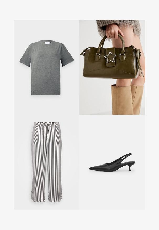 Grijze, korte mouw t-shirt gemaakt van een zachte katoenmix. Ronde halslijn, losse pasvorm met een soepele textuur en een minimalistisch ontwerp.; Korte broeken met een trekkoord in de taille, met verticale marineblauwe en witte strepen, weergegeven tegen een effen witte achtergrond.; Zwarte leren slingback schoen met een puntige neus en een slanke, gebogen hak. Voorzien van een discrete verstelbare band met een metalen gesp.; Olijf groen neplederen handtas met zilveren steraccent, dubbele handvatten en een ritssluiting. Gelaagd oppervlak en gestructureerde vorm.