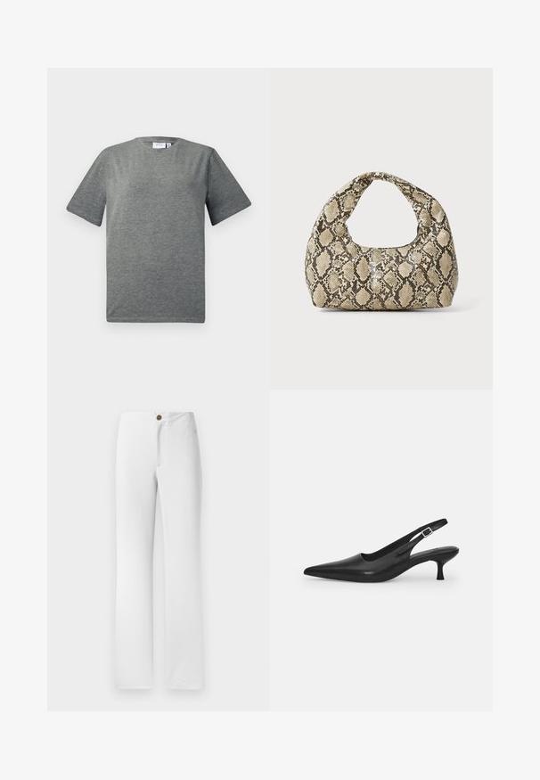 Siva kratki majica iz mehkega bombažnega blaga. Okrogli izrez, sproščen kroj z gladko teksturo in minimalnim dizajnom.; Bela, ravna hlače z zlatim gumbom, ravnim sprednjim delom in gladko teksturo tkanine. Brez vidnih vzorcev ali okraskov.; Črne usnjene sandale z odprtim peto in konično oblikovanim prstom ter ozkim, ukrivljenim petnim delom. Imajo diskretno nastavljivo zaponko z kovinsko sponko.; Torba z vzorom kače s ukrivljenim ročajem. Narejena iz teksturiranih, bež in rjavih materialov, ki imajo značilen diamante vzorec.
