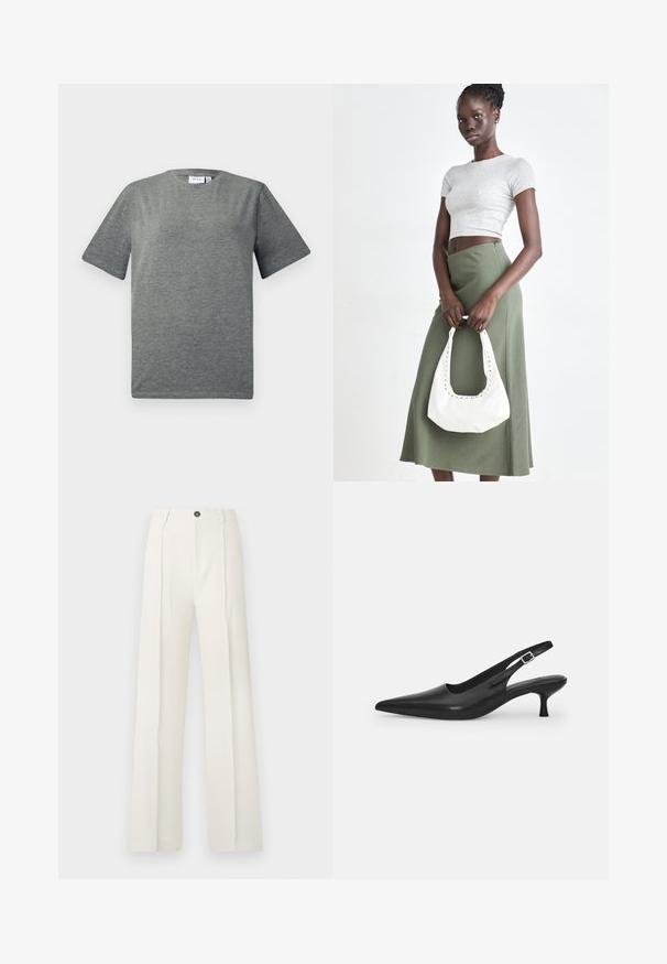 Grå, kortärmad t-shirt gjord av mjuk bomullsblandning. Rund halsringning, avslappnad passform med en slät textur och minimalistisk design.; Vita, vida byxor med hög midja, med två framveck, en enkel knappstängning och fickor. Slät tygtextur.; Svart läder slingback-sandalett med spetstopp och en smal, böjd klack. Har ett diskret justerbart rem med en metallspänne.; Grå ribbad crop top och olivgrön högmidjad kjol. Modellen håller en vit axelremsväska med utskärningar. Enkelt design, tight passform.