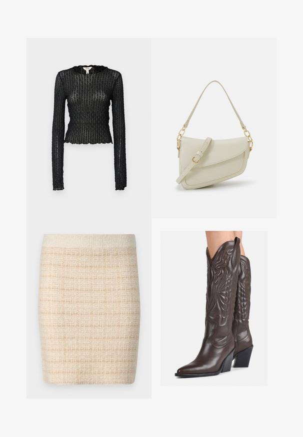 Maglietta nera a maniche lunghe in pizzo testurizzato, caratterizzata da un collo a scollatura sagomata e un design aderente con una silhouette cropped.; Gonna mini beige in maglia con un motivo a scacchi testurizzato, presenta una vita solida di colore crema. Lunghezza fino a metà coscia, tessuto morbido.; Stivali da cowboy in pelle marrone con punta affusolata e tacco a blocco, caratterizzati da dettagliati ricami e accenti rialzati sul gambale.; Piccola borsa a tracolla crema con finitura testurizzata, una lunga tracolla regolabile, un accento a catena e chiusura a patta. Dettagli in hardware dorato.