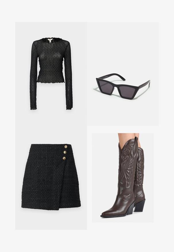 Fekete, hosszú ujjú felső textúrált csipkéből, fodros dekoltázzsal és testhez simuló, rövid szabással.; Fekete tweed mini szoknya strukturált szövettel, amely átkötős dizájnnal rendelkezik, és három aranyszínű gomb található az elülső részén a záráshoz.; Barna bőr cowboy csizmák hegyes orral és blokk sarkal, részletes varrással és kiemelkedő díszítésekkel a szárán.; Fekete, szögletes napszemüveg szürke lencsékkel; műanyagból készült, vastag karokkal, sima felülettel és látható hardver nélkül.