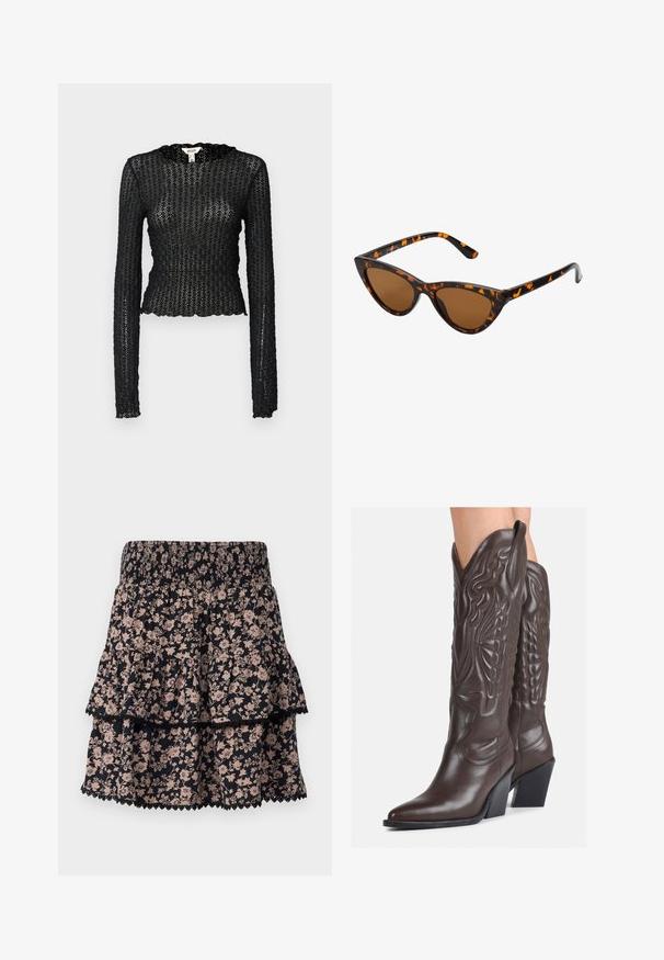 Čierny top s dlhými rukávmi, vyrobený z textúrovanej čipky, s volánovým výstrihom a priliehavým strihom v skrátenej siluete.; Kvetinová sukňa s volánmi v čiernej a svetloružovej farbe. Obsahuje rebrovaný pás a čipkovaný lem na spodnej časti. Vyrobená z ľahkého materiálu.; Hnedé kožené kovbojské topánky s špicatou špičkou a blokovým podrážkou, so zložitým prešívaním a vyvýšenými akcentmi na puzdre.; Mačacie slnečné okuliare s čiernym a oranžovým želvovinovým rámom, hnedými sklami a elegantnými, špicatými koncami. Obsahujú minimalistické logo na spánku.