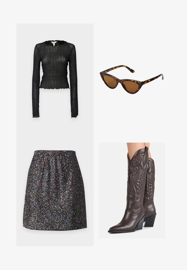 Zwarte langärmelige top van gestructureerde kant, met een geschulpte halslijn en een aansluitend ontwerp met een cropped silhouet.; Zwarte mini-rok versierd met kleine, kleurrijke pailletten, met een elastische tailleband, een gladde textuur en een rechte silhouette.; Bruine leren cowboylaarzen met een spitse neus en blokhak, voorzien van gedetailleerde stiksels en verhoogde accenten op de schacht.; Cat-eye zonnebril met een zwart en oranje schildpadframe, bruine lenzen en slanke, puntige uiteinden. Bevat een minimalistisch logo op de poot.