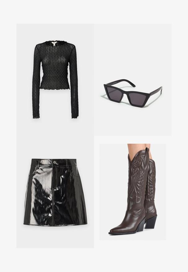 Mustat pitkät hihaiset puserot, jotka on valmistettu teksturoidusta pitsistä, jossa on aaltoileva kaula-aukko ja tiukka malli, joka on lyhyttä siluettia.; Musta lakattu mini hame kiiltävällä pinnalla, jossa on napituksella suljettava vyö, vyölenkit ja etutaskut lisäyksinä.; Ruske nahkasaappaat, joissa on terävä kärki ja laatikkokorko, varustettu yksityiskohtaisella ompelulla ja kohotetuilla yksityiskohdilla varsiosassa.; Mustat, kulmikkaat aurinkolasit harmailla linsseillä; valmistettu muovista, paksuilla varsilla, joissa on sileä pinta ja ilman näkyvää metalliosaa.