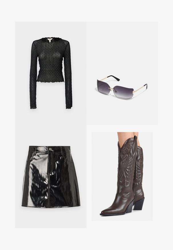 Černý top s dlouhými rukávy vyrobený z texturované krajky, s vykrojeným výstřihem a přiléhavým střihem v krátké siluetě.; Černá lakovaná mini sukně s lesklým povrchem, vybavená knoflíkovým zapínáním, poutky na opasek a předními kapsami pro lepší detail.; Hnědé kožené kovbojské boty s špičatou špičkou a blokovým podpatkem, se zdobným prošíváním a vyvýšenými akcenty na nárazu.; Sluneční brýle s šedým gradientním sklem, zlatým kovovým rámem a černými plastovými akcenty. Unikátní čočky ve tvaru motýla s tenkými nožičkami.