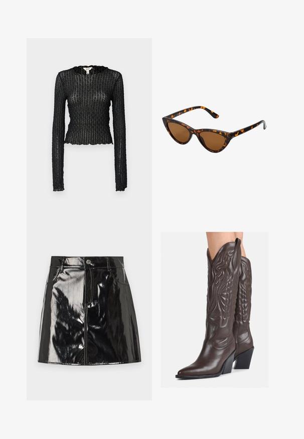 Top preto de manga longa, feito de renda texturizada, apresentando um decote em scallop e um design ajustado com uma silhueta curta.; Saia mini de verniz preto com acabamento brilhante, apresentando um fecho de botão, passadores de cinto e bolsos frontais para um detalhe adicional.; Botas de cowboy em couro castanho com bico pontudo e salto quadrado, apresentando costuras detalhadas e realces elevados no cano.; Óculos de sol estilo gato com uma armação em tartaruga preta e laranja, lentes castanhas e pontas elegantes e pontiagudas. Apresenta um logo minimalista na haste.