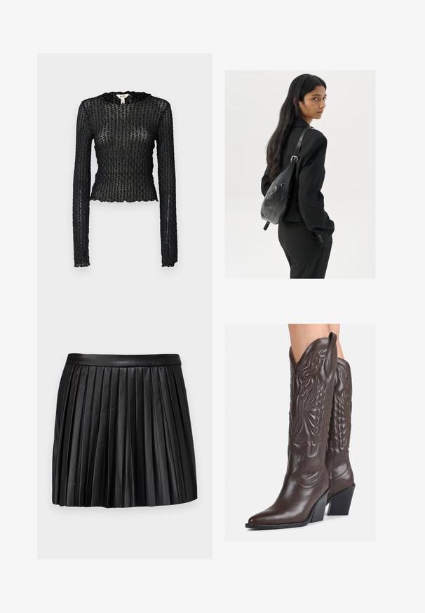 Black long-sleeve top made of textured lace, featuring a scalloped neckline and fitted design with a cropped silhouette.; Black leather pleated mini skirt with a smooth waistband, featuring vertical pleats and a clean, structured design.; Brown leather cowboy boots with pointed toe and block heel, featuring detailed stitching and raised accents on the shaft.; Woman with long dark hair wearing a black suit, carrying a black leather shoulder bag, looking over her shoulder against a white background.
