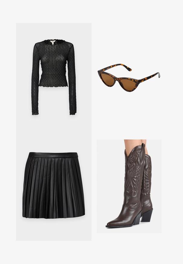 Melnas garām piedurknēm tops no teksturētas mežģīnes, ar ziedlapiņu kakla izgriezumu un pieguļošu dizainu ar īsu siluetu.; Melnas ādas plāna mini svārki ar gludu vidukļa daļu, kas izceļas ar vertikālām krokām un tīru, strukturētu dizainu.; Brūni ādas kovboju zābaki ar norādītu purngalu un blokveida papēdi, ar detalizētu šūšanu un paceltiem akcentiem uz kājas daļas.; Kaķa acs saulesbrilles ar melnu un oranžu bruņurupuču rakstu rāmi, brūnām lēcām un elegantiem, norādītiem galiem. Rāmī ir minimālists logos uz tempļa.