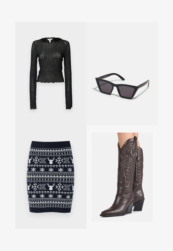 Top preto de manga longa, feito de renda texturizada, apresentando um decote em scallop e um design ajustado com uma silhueta curta.; Saia lápis de malha com fundo azul marinho e padrões de renas brancas, flocos de neve e padrões geométricos em um tecido texturizado.; Botas de cowboy em couro castanho com bico pontudo e salto quadrado, apresentando costuras detalhadas e realces elevados no cano.; Óculos de sol pretos, angulares, com lentes cinzas; feitos de plástico, apresentando hastes grossas com uma superfície lisa e sem hardware visível.