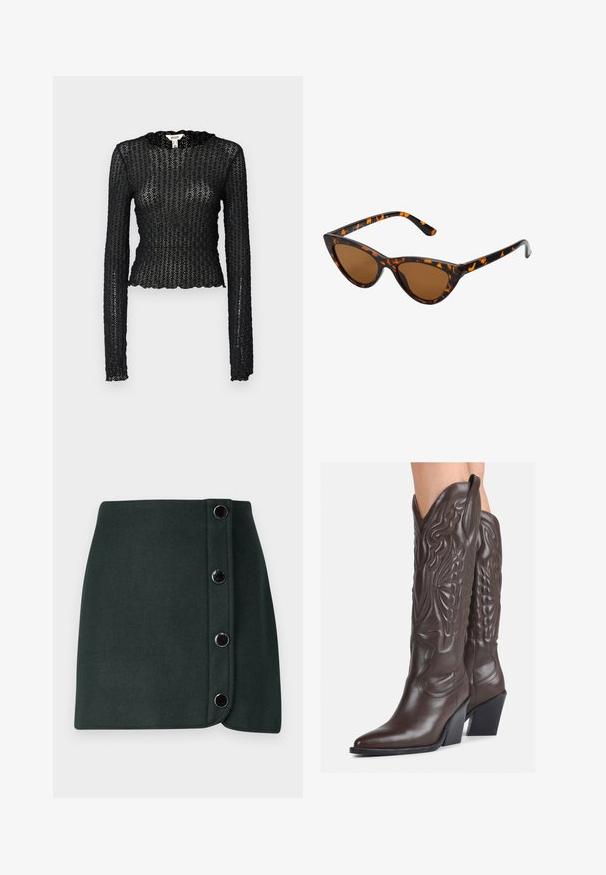 Fekete, hosszú ujjú felső textúrált csipkéből, fodros dekoltázzsal és testhez simuló, rövid szabással.; Sötétzöld gyapjúszövet keverék körbevarrt szoknya oldalsó gombzárral, öt fémből készült gombbal és sima textúrával.; Barna bőr cowboy csizmák hegyes orral és blokk sarkal, részletes varrással és kiemelkedő díszítésekkel a szárán.; Cica szemüveg fekete és narancssárga teknőc pánttal, barna lencsékkel és sima, hegyes végekkel. A templomán egy minimalista logó található.