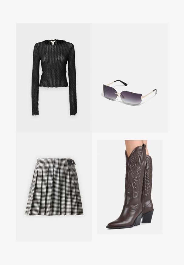 Top negro de manga larga hecho de encaje texturizado, con un escote con punta y un diseño ajustado con un corte cropped.; Falda a rayas de gingham en blanco y negro con pliegues y cintura plana, que presenta un cinturón negro con una hebilla plateada. Fabricada en un tejido ligero.; Botas de vaquero de cuero marrón con punta afilada y tacón cuadrado, que presentan costuras detalladas y acentos elevados en el caño.; Gafas de sol con lentes de graduación gris, montura metálica dorada y acentos de plástico negro. Lentes con una forma de mariposa única y varillas delgadas.