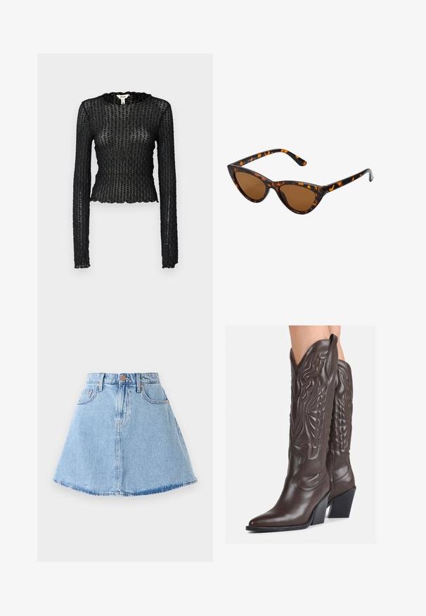 Černý top s dlouhými rukávy vyrobený z texturované krajky, s vykrojeným výstřihem a přiléhavým střihem v krátké siluetě.; Džínová áčková sukně v světle modré barvě s třepeným lemem, pěti kapsami a zapínáním na knoflík. Obsahuje měděné kovové detaily a jemné švy.; Hnědé kožené kovbojské boty s špičatou špičkou a blokovým podpatkem, se zdobným prošíváním a vyvýšenými akcenty na nárazu.; Sluneční brýle ve stylu kočičích očí s černo-oranžovým želvovinovým rámem, hnědými skly a elegantními, špičatými konci. Obsahují minimalistické logo na straně.