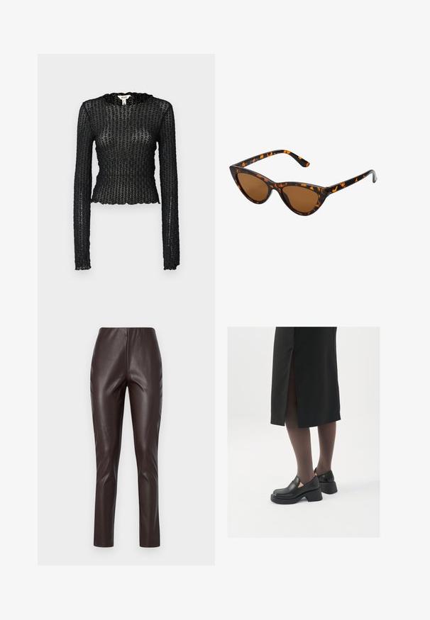 Must natukaga mustriga pitsist, millel on laineline kaelus ja sobiv disain, millel on lühike siluett.; Pruunid faux nahast legginsid, mis on sileda tekstuuriga, kõrge vöökohaga ja kitsaste lõikega. Omavad nõtket disaini ilma nähtavate õmbluste või kaunistusteta.; Mustad mustad jalatsid ümmarguse varbaga, paksu plokkniidi ja elastsete külgdetailidega, kombineeritud tumedate sukkade ja musta lõhikuga seelikuga.; Kassi vormiga prillid musta ja oranži kilpkonnakujulise raami, pruunide läätsede ja elegantsete teravate otstega. Templi juures on minimaalne logo.