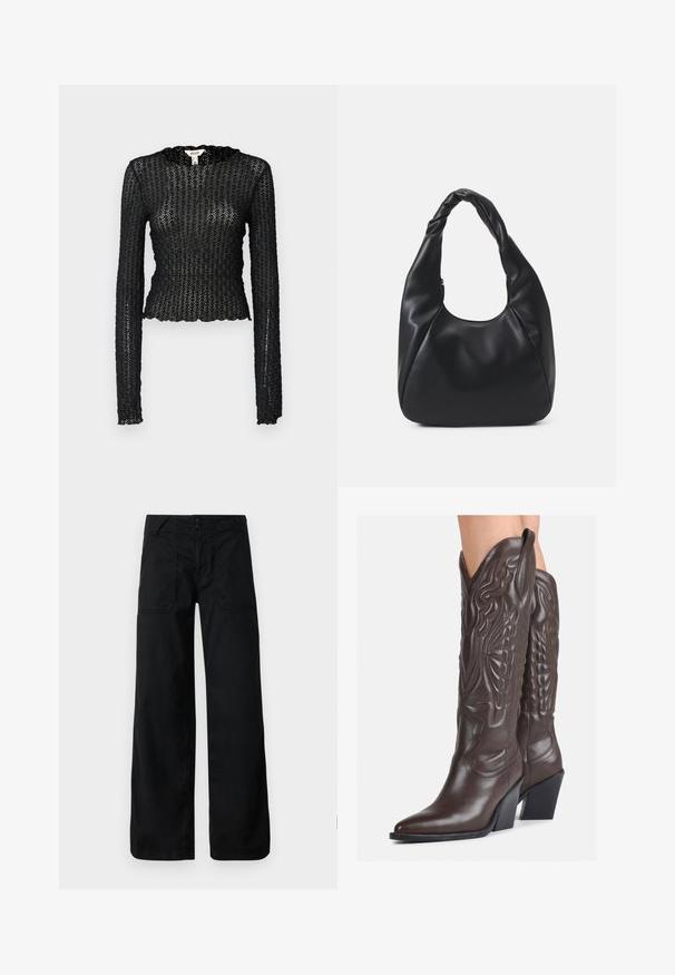 Melnas garām piedurknēm tops no teksturētas mežģīnes, ar ziedlapiņu kakla izgriezumu un pieguļošu dizainu ar īsu siluetu.; Melni plati bikses ar gludu tekstūru, ar pogu aizdari un priekšējiem kabatām, kurām ir dekoratīvas šuves un acu detaļas.; Brūni ādas kovboju zābaki ar norādītu purngalu un blokveida papēdi, ar detalizētu šūšanu un paceltiem akcentiem uz kājas daļas.; Melnā hobo soma, kas izgatavota no gludas ādas līdzīga materiāla, ar savītu rokturi, ar mīkstu, noapaļotu formu un augšējo rāvējslēdzēju.