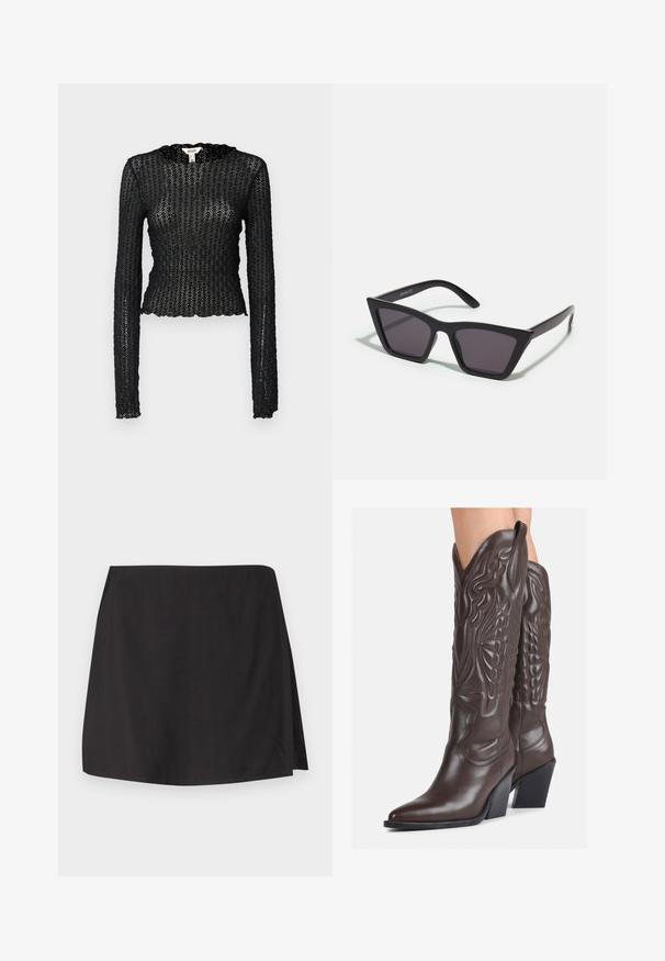 Fekete, hosszú ujjú felső textúrált csipkéből, fodros dekoltázzsal és testhez simuló, rövid szabással.; Fekete szoknya sima anyagból, egyenes vonalú szabással és egy oldalon hasítékkal. Egyszerű tervezés, minta vagy díszítés nélkül.; Barna bőr cowboy csizmák hegyes orral és blokk sarkal, részletes varrással és kiemelkedő díszítésekkel a szárán.; Fekete, szögletes napszemüveg szürke lencsékkel; műanyagból készült, vastag karokkal, sima felülettel és látható hardver nélkül.