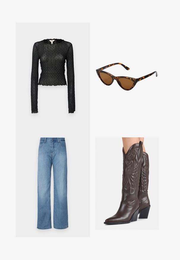 Must natukaga mustriga pitsist, millel on laineline kaelus ja sobiv disain, millel on lühike siluett.; Heledad sinine teksariie laiade jalgadega püksid klassikalise viie taskuga disainiga, nööbiga sulgemine ning õmbluste äärtes peened õmblustooted.; Pruunid nahast cowboy saapad terava varbaga ja plokk-kandaga, millel on detailne tikand ja kergelt tõstetud aktsendid varrel.; Kassi vormiga prillid musta ja oranži kilpkonnakujulise raami, pruunide läätsede ja elegantsete teravate otstega. Templi juures on minimaalne logo.