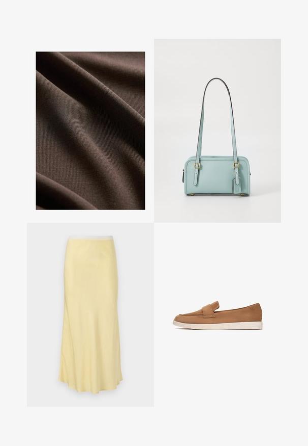 Next REGULAR FIT - SLEEVLESS - Top - chocolate brown; Lys gul satin midi-nederdel med en glat tekstur, udvidet design og elastisk talje, med en subtil glans hele vejen igennem.; Brune ruskind slip-on sko med en flad sål, som har en bred remdetalje foran og et glat, minimalistisk design.; COACH SWING ZIP BAG 20 - Håndtasker - light blue