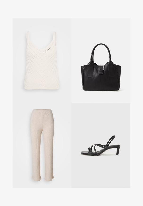 Fehér kötött ujjatlan felső V-nyakkal, cikkcakk mintával és vékony pántokkal. A textúra könnyű és légies.; Világos bézs, bordázott nadrág, egyenes lábbal és harangszár kialakítással. Puha anyagból készült, amelynek finom textúrája van. Rugalmas derékrész a kényelem érdekében.; Fekete pántos szandál négyzetes orral és alacsony blokk sarkal. Több vékony pánttal és állítható boka pánttal rendelkezik. Sima bőrből készült.; Fekete bőr bevásárlótáska sima textúrával, strukturált formával, két fogantyúval és egy figyelemfelkeltő ezüst csattal az elején.