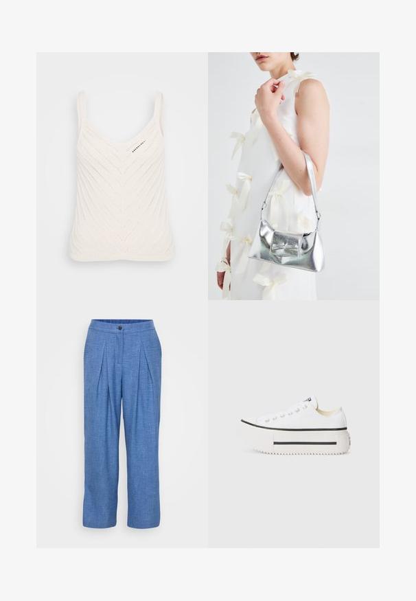 White knitted tank top with a V-neck, featuring a chevron pattern and thin straps. The texture is lightweight and airy.; Blue, textured linen trousers featuring a pleated design, a button closure, and a relaxed fit with wide legs.; White canvas platform sneakers with black rubber sole, round toe cap, and metal eyelets, featuring a simple, clean design.; Silver metallic handbag with a structured shape, featuring a top handle and bow detail on the front. Smooth texture, reflective finish.