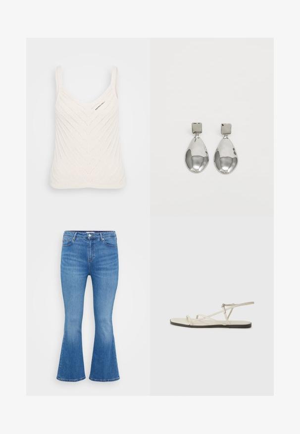 Débardeur en tricot blanc avec un col en V, présentant un motif en chevrons et des bretelles fines. La texture est légère et aérienne.; Jean flare en denim bleu clair, avec taille haute, cinq poches et fermeture à bouton classique. Texture lisse avec un léger dégradé.; Sandale plate beige avec plusieurs fines lanières et une boucle réglable. La semelle est plate avec un léger contraste sombre sur le bord.; Boucles d'oreilles en argent avec un clou carré, présentant une finition lisse et polie ainsi qu'une forme en goutte d'eau, réfléchissant la lumière grâce à une surface brillante.