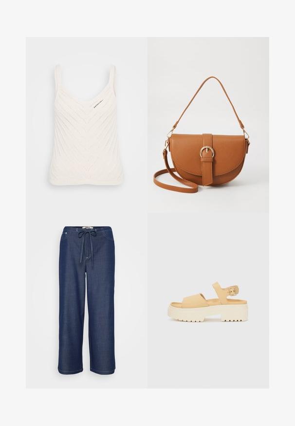 Top de malha branca com decote em V, apresentando um padrão em zigue-zague e alças finas. A textura é leve e arejada.; Calças largas de cor azul escuro com cintura ajustável por cordão, bolsos frontais e costura branca visível.; Sandália amarela em imitação de couro com uma sola branca chunky. Apresenta duas tiras largas e uma tira de tornozelo ajustável com fivela de metal.; Bolsa transversal de couro castanho com um formato curvado, ferragens douradas e um detalhe de fivela. Inclui uma alça de ombro destacável.