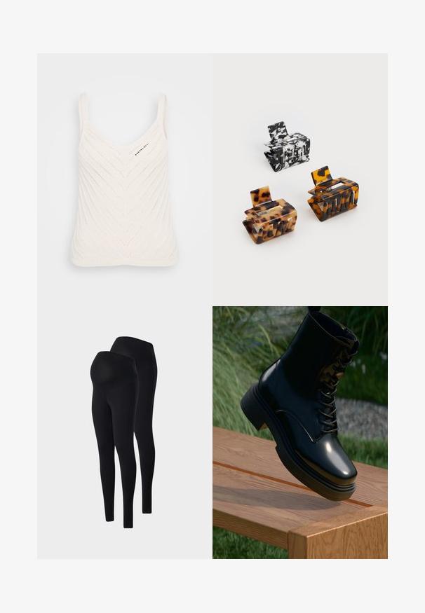 Bela pletena majica brez rokavov z V-izrezom, ki ima vzorec v chevron stilu in tanke naramnice. Tekstura je lahka in zračna.; Črne nosečniške legice iz raztegljive tkanine. Imajo visok, elastičenpas in gladko teksturo. Na voljo v paketu dveh.; Črne lakirane gležnjarje z okroglo nosom, z vezalnim sprednjim delom in debelim podplatom, ki imajo gladko teksturo in sijoč zaključek.; Tri do konice za lase: ena marmorirana v črni in beli barvi, dve iz školjkastega v rjavih in črnih odtenkih, vse narejeno iz sijoče plastike z teksturiranim zaključkom.