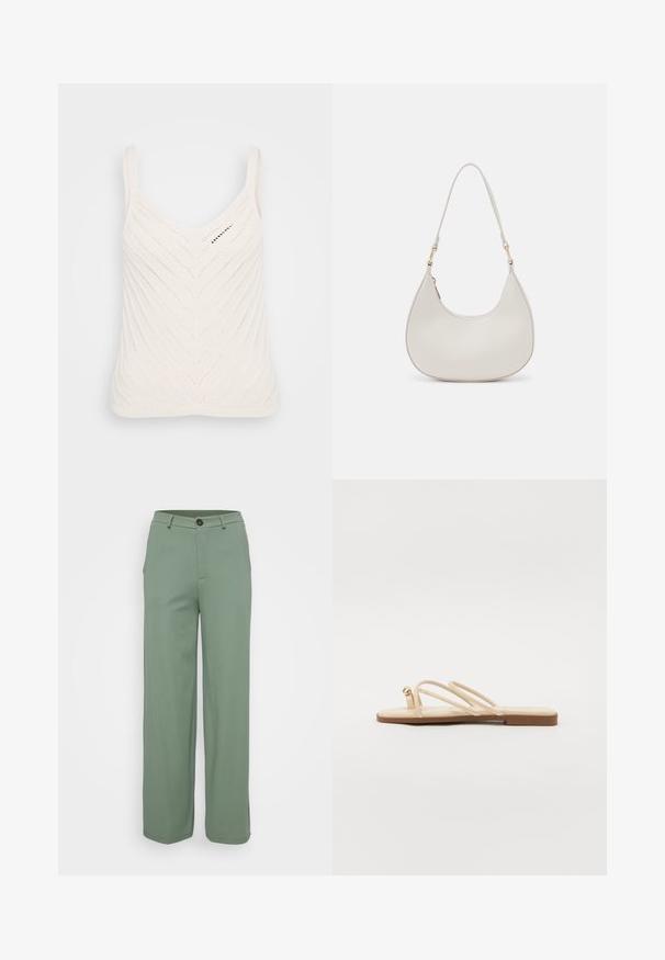 Balta megzta liemenė su V formos kaklu, su zigzago raštu ir plonomis petnešėlėmis. Audinys lengvas ir orinis.; Plati kojinės šviesiai žaliame audinyje su lygiu paviršiumi. Yra priekinis mygtuko uždarymas ir dvi šoninės kišenės.; Bežiniai plokšti sandalai su trimis plonomis juostelėmis ir mažu apvaliu auksiniu akcentu. Lygi medžiaga su minimalistiniu dizainu ir rusva padais.; Kremo spalvos odinė petnešų rankinė, pusmėnulio formos, plona dirželis ir subtilūs siuvimo akcentai. Minimalistinio dizaino su auksiniu tone detalėmis.