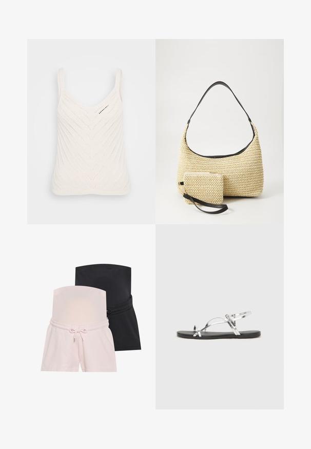 Balts adīts krūšturis ar V-veida kakla izgriezumu, kas ir ar zigzaga rakstu un plānām siksnām. Tekstūra ir viegla un gaisīga.; Divas grūtniecības šorti: vieni rozā, otrie melni. Abiem ir elastīga josta un saite regulējamai izmēram.; Sudraba metāla sandales ar minimālistisku dizainu, kurām ir plānas siksnas un melna plakanā zole. Uzsvari ir krusteniskās siksnas akcenti.; Auduma salmu rokassoma ar izliekta siluetu, kas ir aprīkota ar gludu melnu ādas rokturi un atbilstošu mazu maciņu, kas piestiprināts pie plaukstas siksniņas.