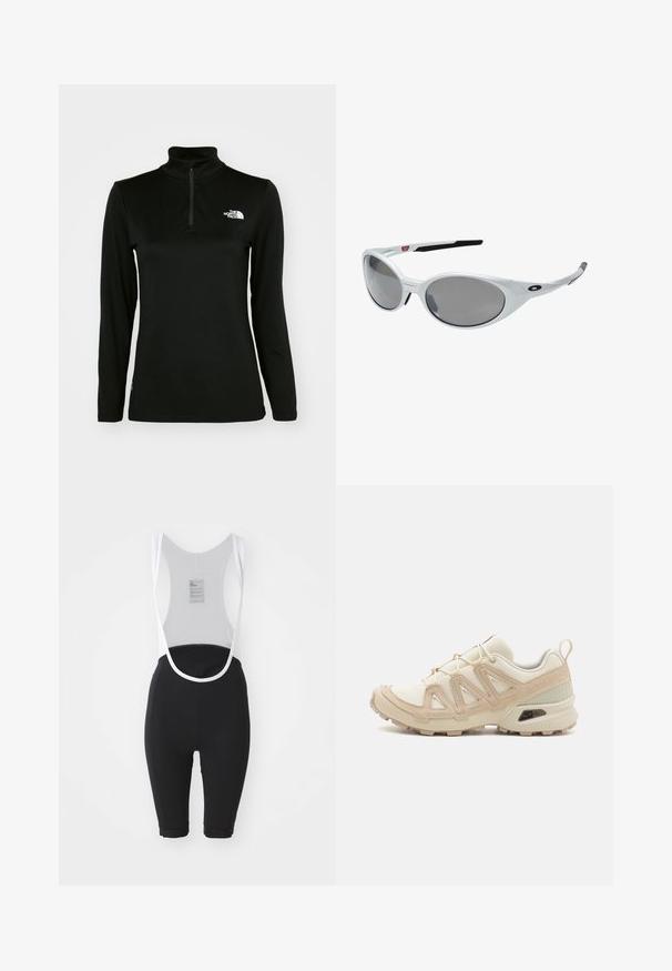Crni pulover dugih rukava s visokim ovratnikom i četvrtim patentnim zatvaračem, izrađen od glatkog materijala, s bijelim logotipom na lijevoj strani prsnog koša.; Crne biciklističke gaće s bijelim mrežastim leđima, uski kroj, podstavljeni sjedni dio i podesive naramenice. Glatka, rastezljiva tkanina.; Bež i kremasti sportski tenisice s teksturiranim mrežastim gornjim dijelom, potpornih preklopa i gumeni potplat s uzorcima za prianjanje.; Bijele plastične naočale za sunce s velikim ovalnim lećama, sivo zatamnjene. Imaju crne uške i mali logotip na okviru. Glatka površina.