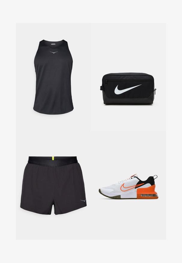 Schwarzes ärmelloses Sporttanktop aus atmungsaktivem Material, mit rundem Halsausschnitt und reflektierendem Logo-Akzent auf der Brust.; Schwarze Sportshorts mit satinierter Oberfläche, elastischem Bund und einem reflektierenden Logo auf der unteren rechten Seite. Schlichtes Design, leichtes Material.; Weißer Sportschuh mit einem strukturierten Mesh-Obermaterial, schwarzen und orangefarbenen Akzenten, einer dicke Gummisohle und einem klaren Luftkissenbereich an der Ferse.; Schwarzes Nike Kulturbeutel mit glatter Textur, ausgestattet mit einem weißen Swoosh-Logo, Oberreißverschluss und einer Seitentasche.