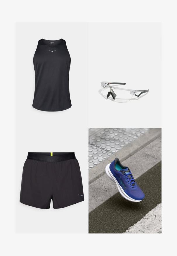 Melna bezpiedurkņu sporta topiņa, izgatavota no elpojoša auduma, ar apaļu kakla izgriezumu un atstarojošu logo akcentu uz krūšu daļas.; Melni sporta šorti ar satīna apdari, elastīgu jostasvietu un atstarotāju logotipu apakšējā labajā stūrī. Viegla dizaina, viegla auduma.; Zili skriešanas apavi ar teksturētu augšdaļu un acu detaļām, balta starpzole un melni akcenti. Šņorēšanas dizains ar izteiktu logo.; Skidras aizsargbrilles ar vieglu, caurspīdīgu rāmi un pelēkiem akcentiem. Iespējas ietver apvērsto dizainu un regulējamu deguna atbalstu.