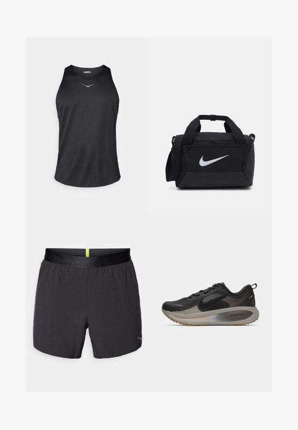 Black sleeveless athletic tank top made of breathable fabric, featuring a round neckline and reflective logo accent on the chest.; Black athletic shorts with a smooth texture, an elastic waistband featuring a yellow accent, and a small logo on the lower right side.; Black running shoe with mesh upper, reflective accents, and ZoomX cushioning. Features a textured sole for grip. Streamlined design.; Black duffel bag with a smooth fabric, dual zippered compartments, padded handles, and a large white Nike logo on the front.