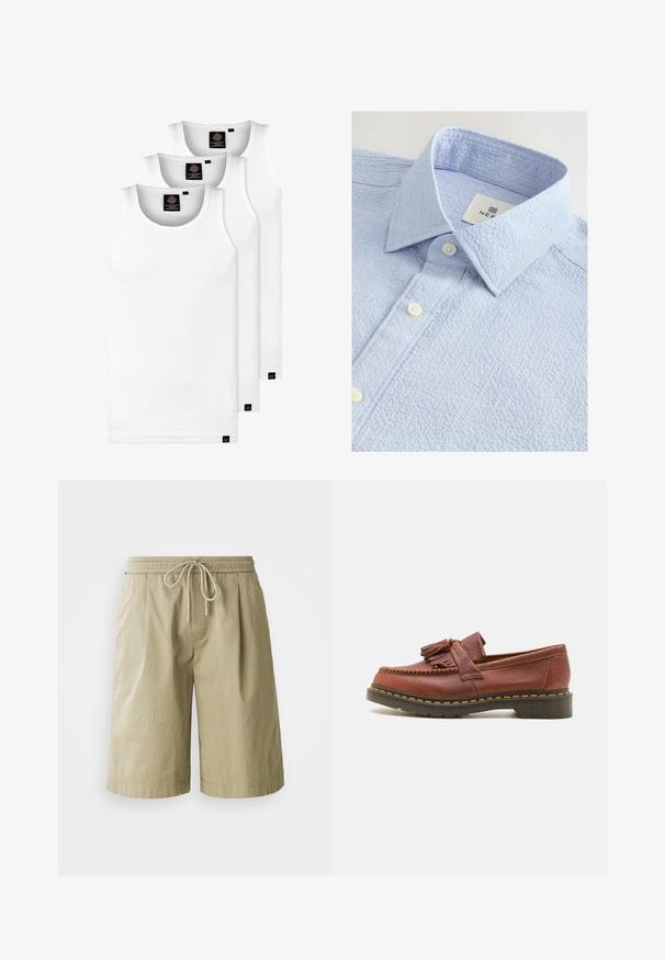 Drie witte geribde tanktops van katoen. Kenmerken zijn een ronde hals en kleine zwarte labels nabij de zoom. Verkrijgbaar in meerdere maten.; Lichtblauw gestructureerd shirt met een button-down kraag, voorzien van twee witte knopen en een label met de merknaam aan de binnenkant van de kraag.; Beige katoenen shorts met een elastische tailleband en trekkoord. Voorzien van zijzakken en een relaxte, rechte pasvorm.; Bruine leren mocassin met franjeraccenten, een gestructureerd oppervlak en contrasterende gele stiksels langs de zwarte rubberen zool. Zijaanzicht.
