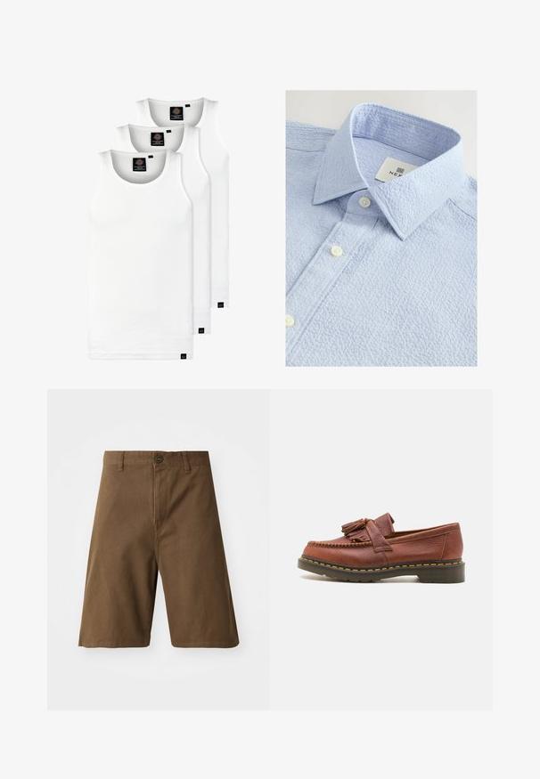 Drie witte geribde tanktops van katoen. Kenmerken zijn een ronde hals en kleine zwarte labels nabij de zoom. Verkrijgbaar in meerdere maten.; Lichtblauw gestructureerd shirt met een button-down kraag, voorzien van twee witte knopen en een label met de merknaam aan de binnenkant van de kraag.; Bruine katoenen shorts met een rechte snit, voorzien van een voorste knoopsluiting, riemlussen en zijzakken. Gladde textuur en nette naden.; Bruine leren mocassin met franjeraccenten, een gestructureerd oppervlak en contrasterende gele stiksels langs de zwarte rubberen zool. Zijaanzicht.