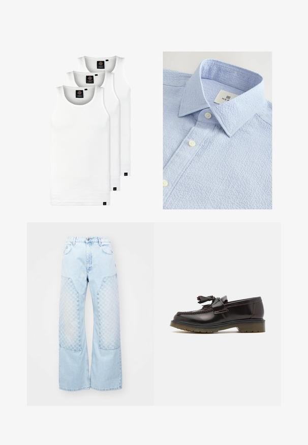 Kolm valget ribaga t-särki, mis on valmistatud puuvillast. Omavad ümmargust kaelanõhku ja väikseid musti silte hemme lähedal. Saadaval erinevates suurustes.; Heled sinise tekstuuriga särk, millel on nööpidega krae, kahel valgel nööbil ja sildil, kus on brändi nimi krae sees.; MISBHV MONOGRAM CARPENTER - Avar lõikega teksad - pale blue; Pruunid nahast loafers, millel on kootud kujundus, tassis detail ja lame kummitald. Omab siledat viimistlust ja kontrastset õmblust.