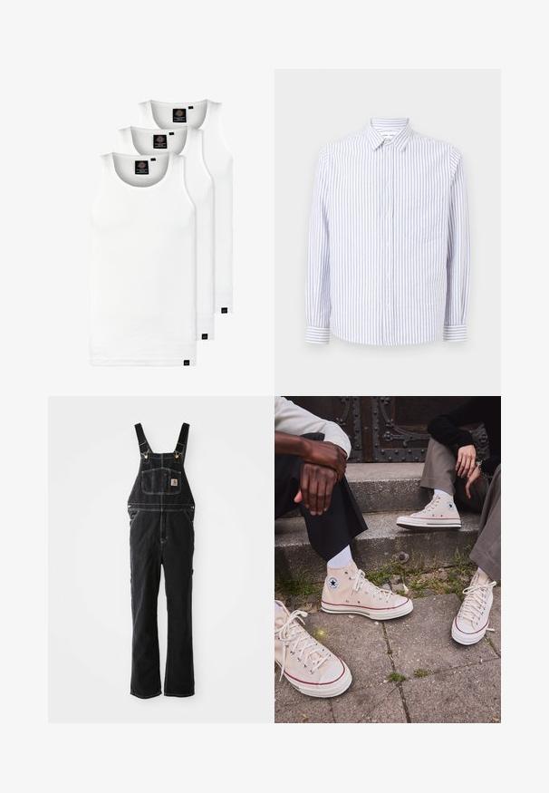 Three white ribbed tank tops made of cotton. Features a crew neck and small black labels near the hem. Available in multiple sizes.; Striped button-up shirt in light blue and white. Features a pointed collar, long sleeves, and a single chest pocket. Cotton fabric.; Black denim overalls feature adjustable straps, a front pocket, and gold hardware accents. The fabric has a textured, sturdy appearance.; High-top beige canvas sneakers with red stripe, white rubber sole, and metal eyelets, featuring iconic star logo on the side.