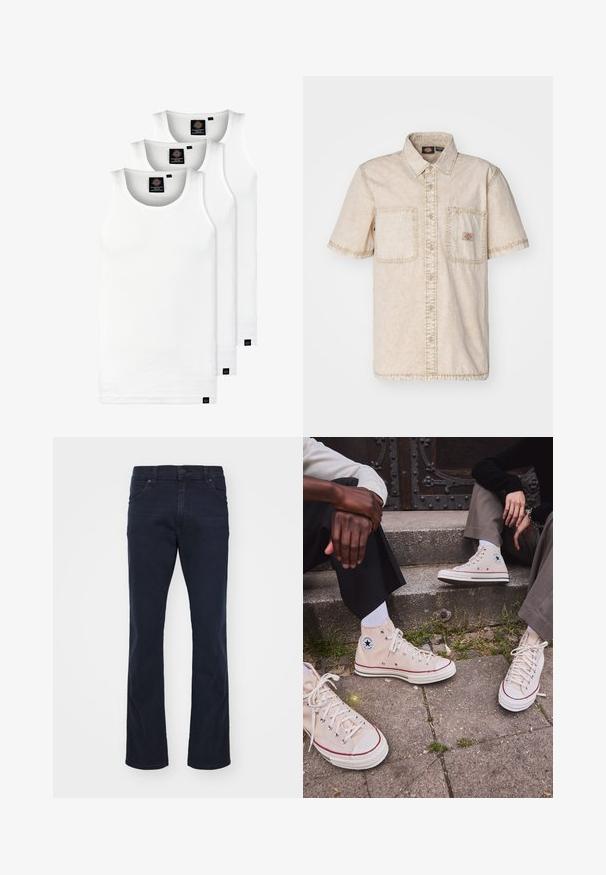 Kolme valkoista ribbitekstiilistä toppia, jotka on valmistettu puuvillasta. Ominaisuuksiin kuuluu pyöreä pääntie ja pieni musta etiketti helman lähellä. Saatavilla useissa kooissa.; Vaaleanbeige lyhythihainen paita, jossa on napitus edessä, kaksi rintataskua, näkyvät ompelusaumat ja klassinen kaulus.; Tummansinisiä farkkuja suoran lahkeen designilla, viisi taskua, nappisuljenta ja hienovaraiset ompeluyksityiskohdat saumoissa.; Korkean varren beige kangastennarit, joissa on punainen raita, valkoinen kumipohja ja metalliset silmukat, sekä ikoninen tähti-logo sivussa.