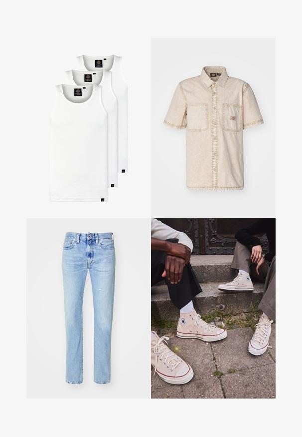 Trys balti, dryžuoti marškiniai be rankovių, pagaminti iš medvilnės. Yra apvalus kaklas ir maži juodi etiketės netoli siūlės. Siūlomi įvairių dydžių.; Bežinis trumpas rankovės marškiniai su mygtuku priekyje, dviem krūtinės kišenėmis, matomomis siuvimo detalėmis ir klasikinėmis apykaklėmis.; Šviesiai mėlynos džinsinės kelnės tiesiu kirpimu, turinčios aukštą liemenną, dvi priekinės kišenės, subtilius išblukimus ir klasikinį sagų užsegimą.; Aukštakulniai bežiniai drobės sportbačiai su raudona juostele, balta guma padu, metaliniais užsegimais, su ikonišku žvaigždės logotipu šone.