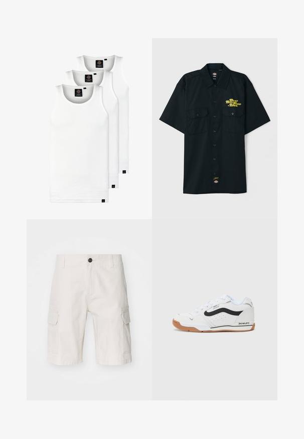 Tri bele rebraste majice brez rokavov iz bombaža. Imajo okroglo izreza in majhne črne etikete blizu roba. Na voljo v več velikostih.; Črna majica kratkih rokavov s ovratnikom, dvema sprednjima žepoma in rumenim napisim "Najboljša slaba hrana v mestu." Ima oznako blagovne znamke.; Bež kratke hlače iz lahko tkanine, z dvema stranskima žepoma, z gumbom za zapiranje in sproščenim krojem. Gladka tekstura z nežnim vzorcem.; Bele teneške z črnimi detajli, teksturirano zgornje območje, gumijast podplat in perforirani detajli. Ima okroglo vezanje in označeno stran.