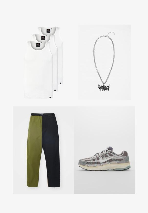 Drie witte geribde tanktops van katoen. Kenmerken zijn een ronde hals en kleine zwarte labels nabij de zoom. Verkrijgbaar in meerdere maten.; Manastash FLEX CLIMBER WIDE LEG - Broek - panel; Grijze sportieve schoen met een bovenwerk van mesh en suede, witte accenten, een gevoerde zool en een onderscheidend ontwerp met reflecterende elementen.; Wasted Paris VAULT NECKLACE UNISEX - Ketting - silver-coloured